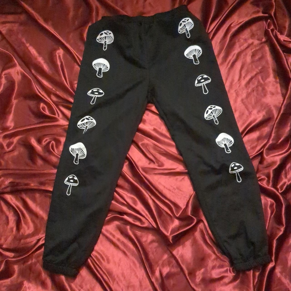 Black Kids Joggers with White Mushroom Print